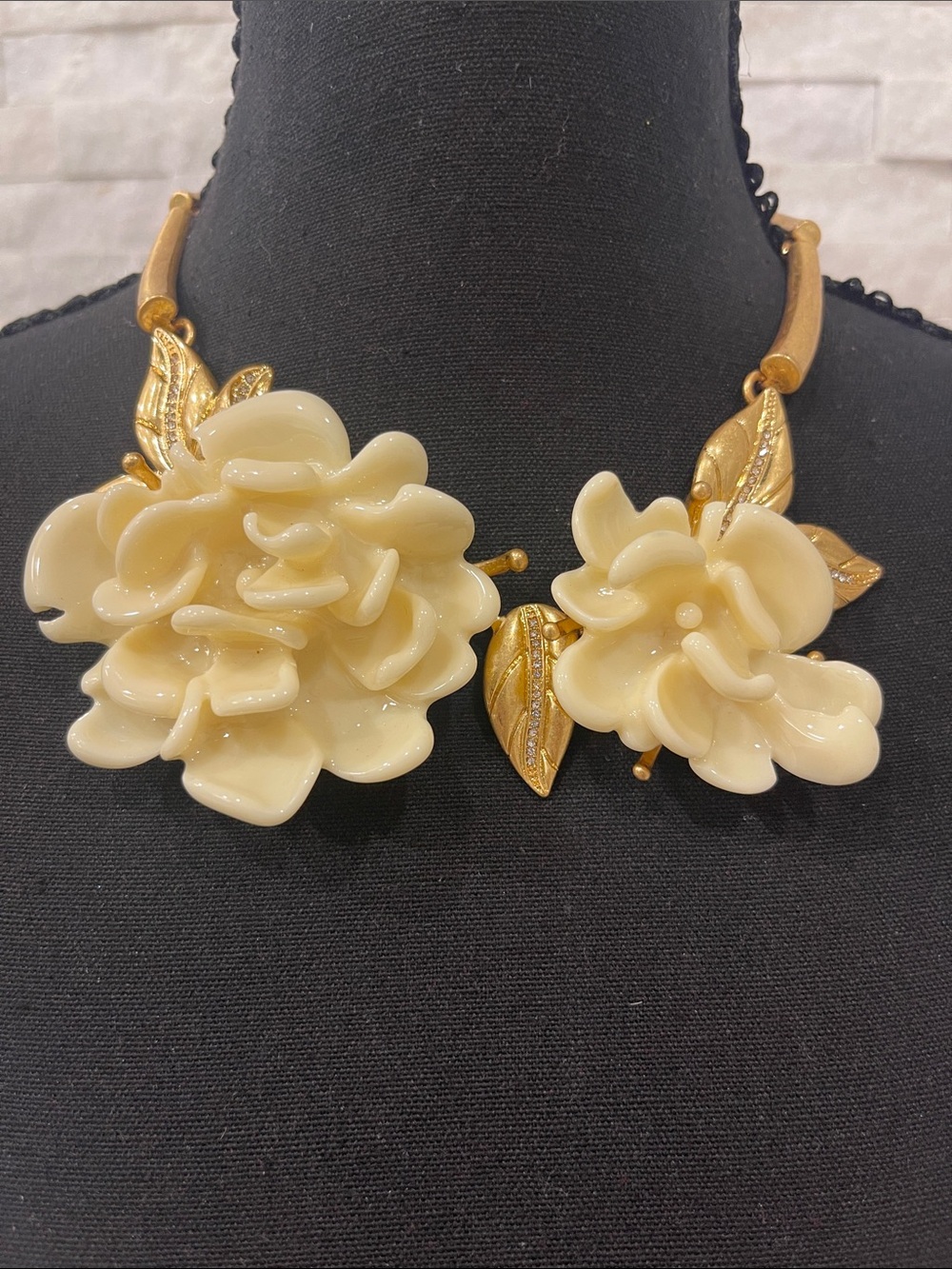 Gold Plated Vintage Necklace with Cream Floral Accents